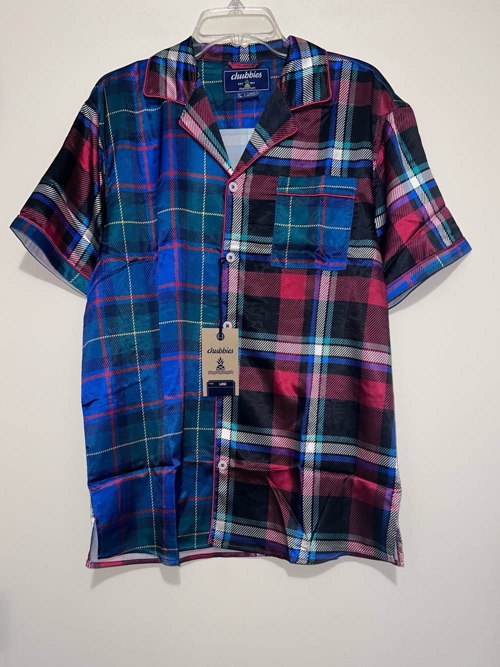 NWT Chubbies All Wrapped Up Satin Sleep Shirt Plaid Print Colorful Men's Size L